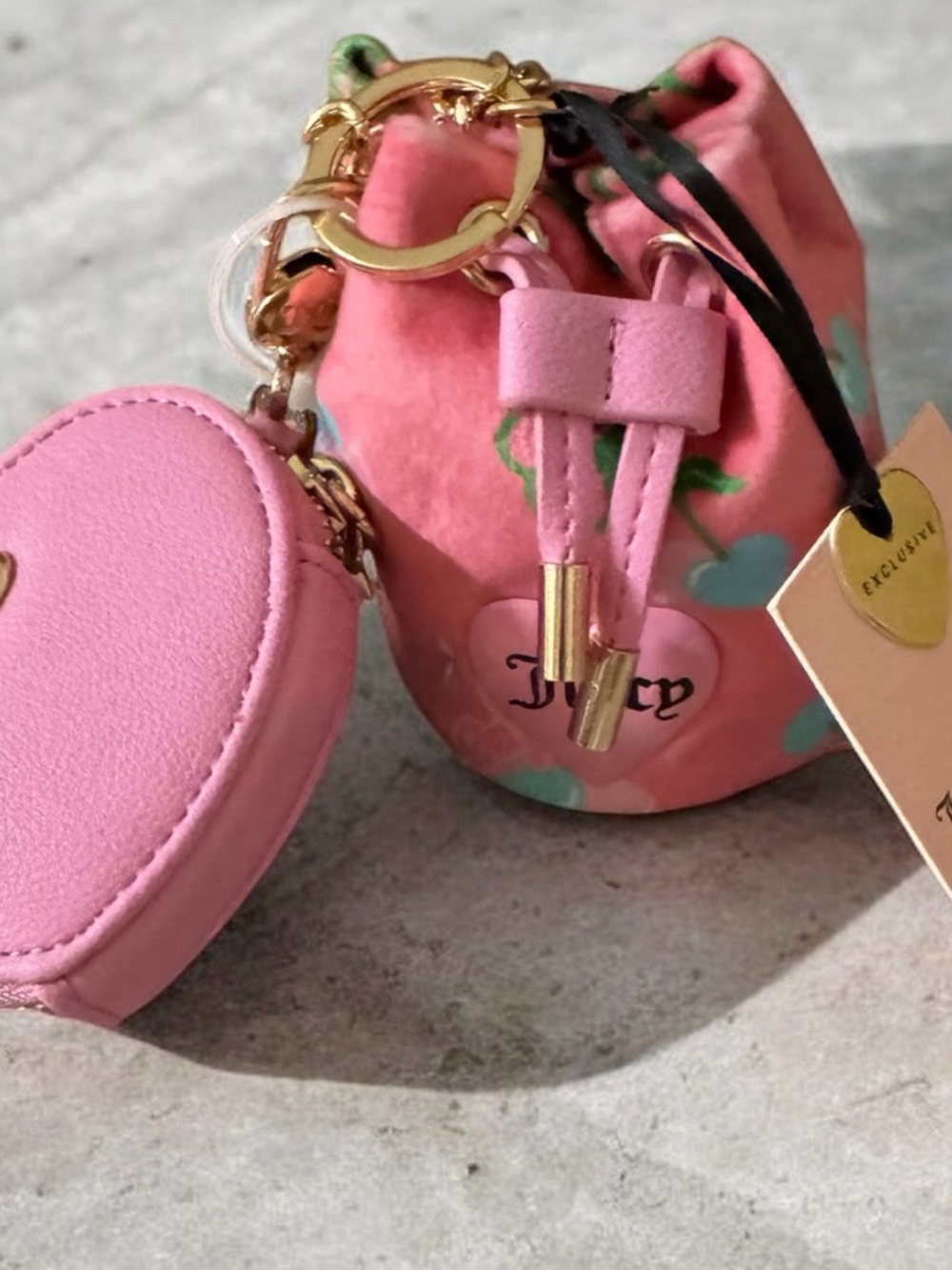 Juicy Couture Pink Floral Drawstring Charm Pouch with Gold Heart Tag